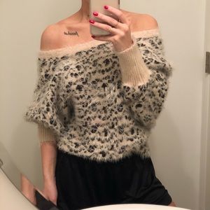 White Leopard Off The Shoulder Sweater - Size M